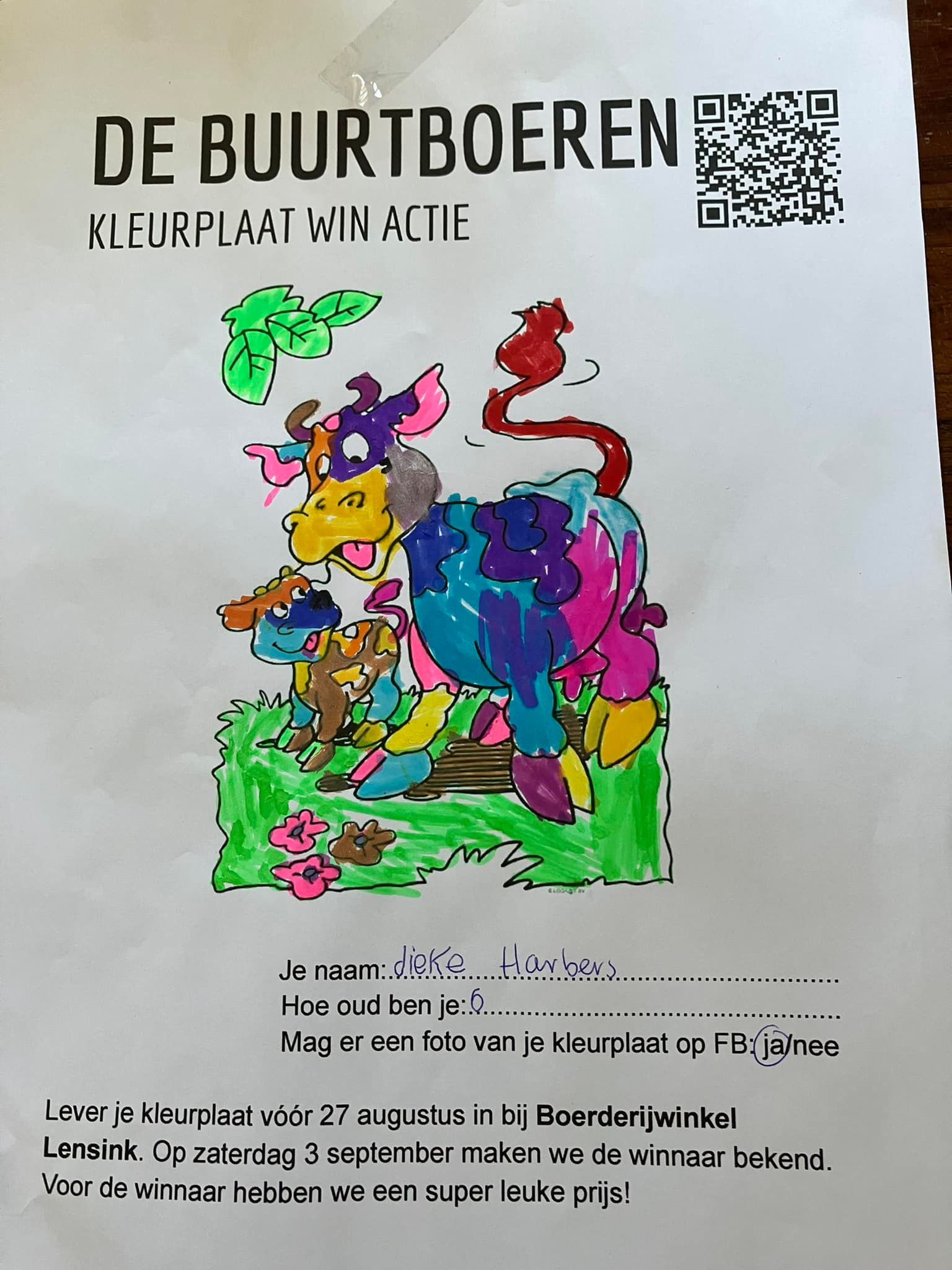 Winnaar kleurwedstrijd pieperdag bij Boerderijwinkel Lensink.